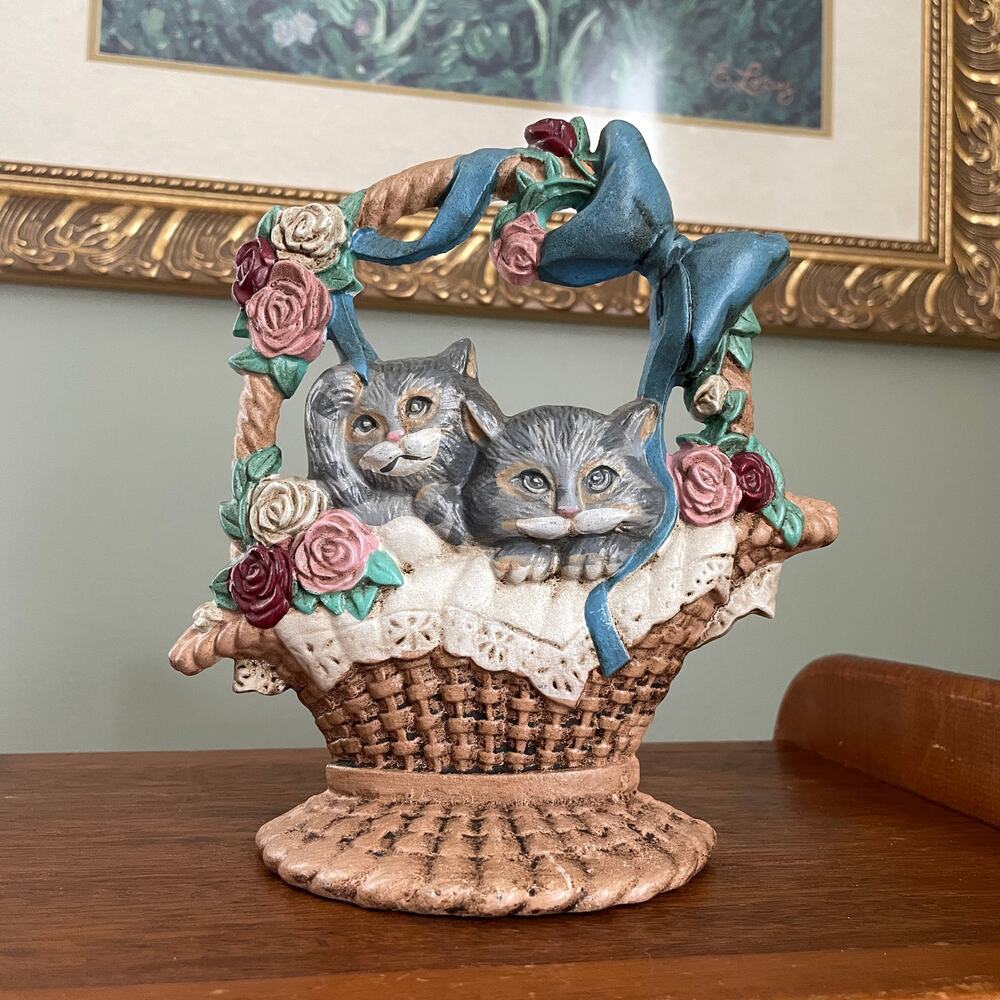 Vintage Midwest Cast Iron Cat Basket Doorstop - Farmhouse Cottagecore Decor